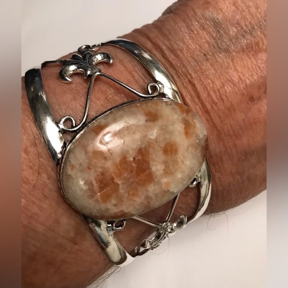 Sunstone Stamped 925 Sterling Silver Cuff Bracelet - Picture 1 of 4